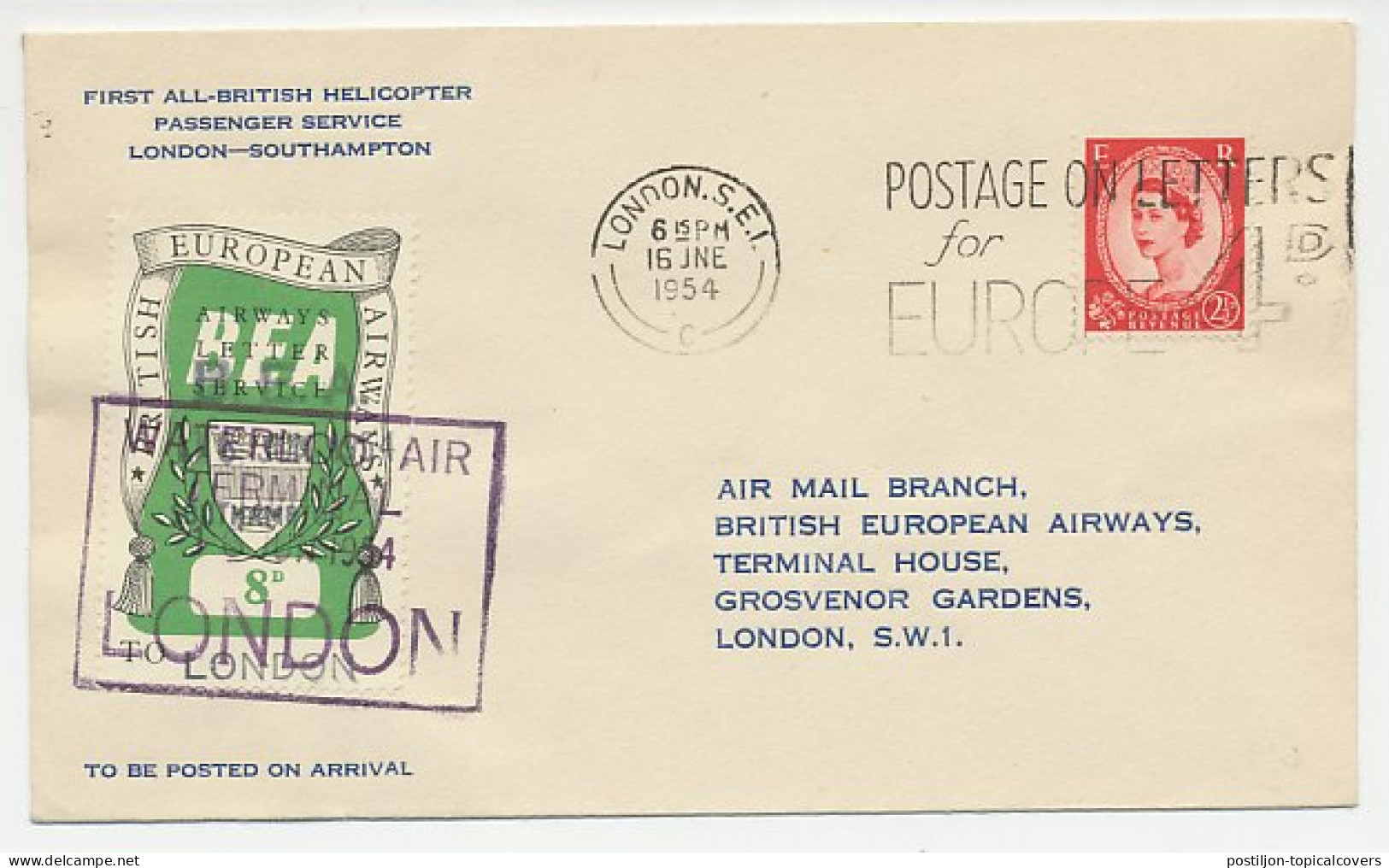 Cover / Postmark GB / UK 1954 Helicopter Passenger Service - Airplanes