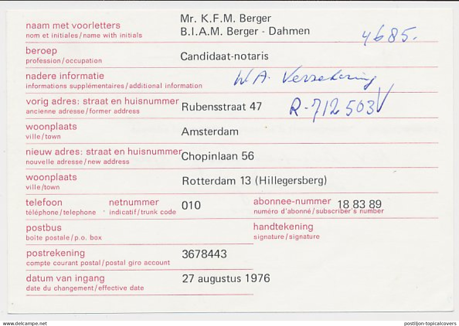 Verhuiskaart G. 42 Particulier Bedrukt Amsterdam 1976 - Interi Postali