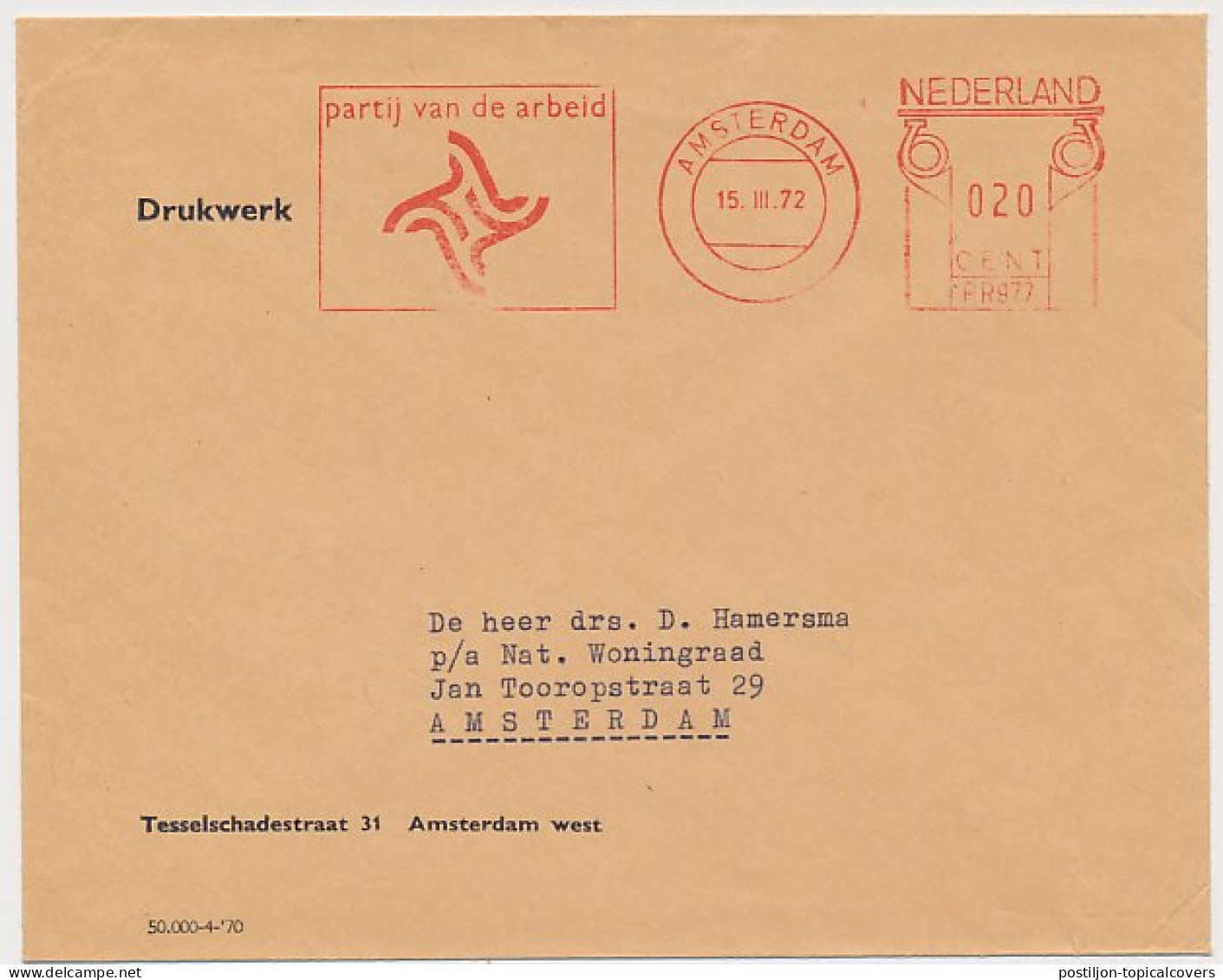 Meter Cover Netherlands 1972 PVDA - Political Party - Labour Party - Amsterdam  - Unclassified