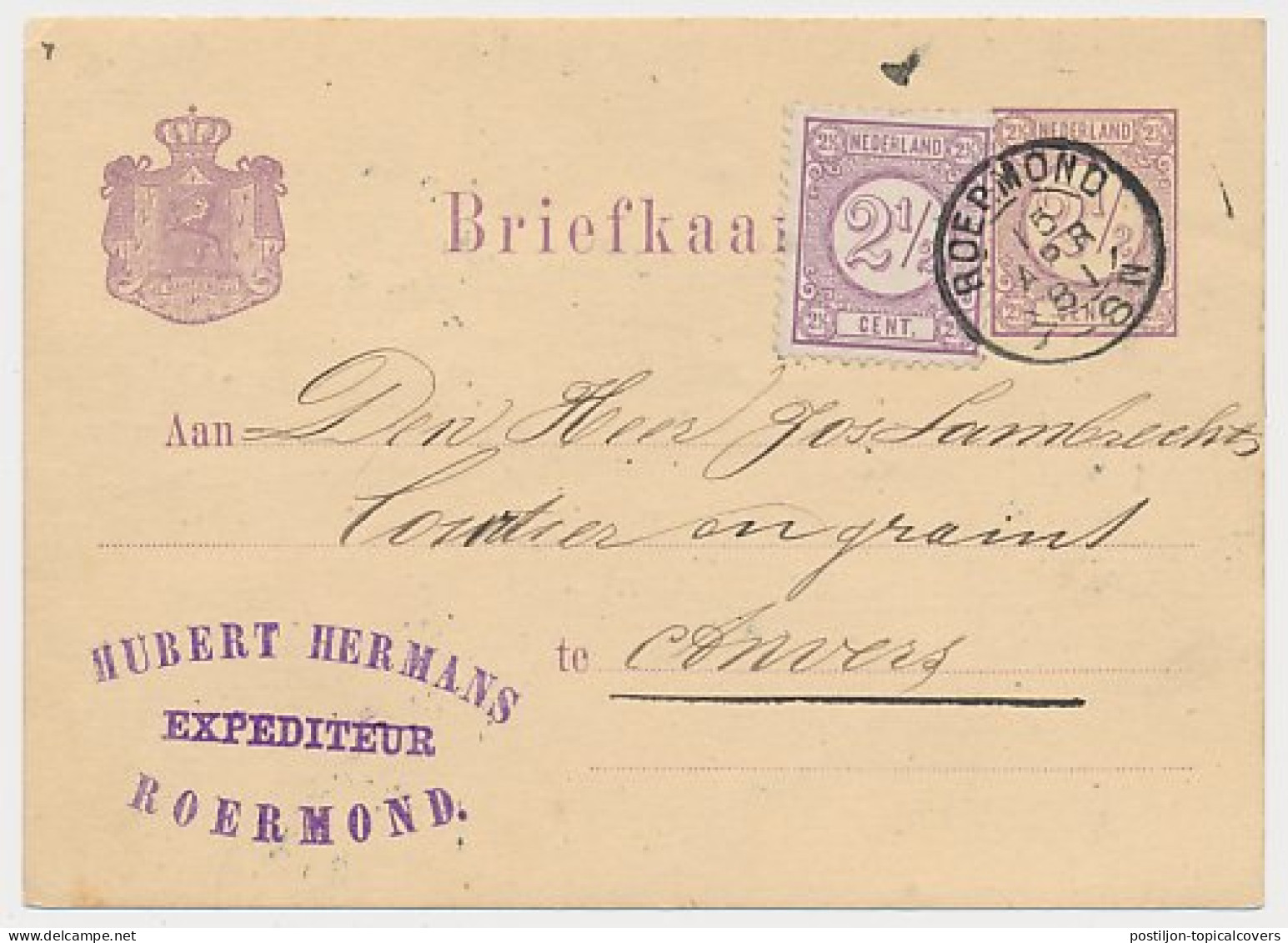 Briefkaart G. 18 / Bijfrankering Roermond - Belgie 1881 - Interi Postali