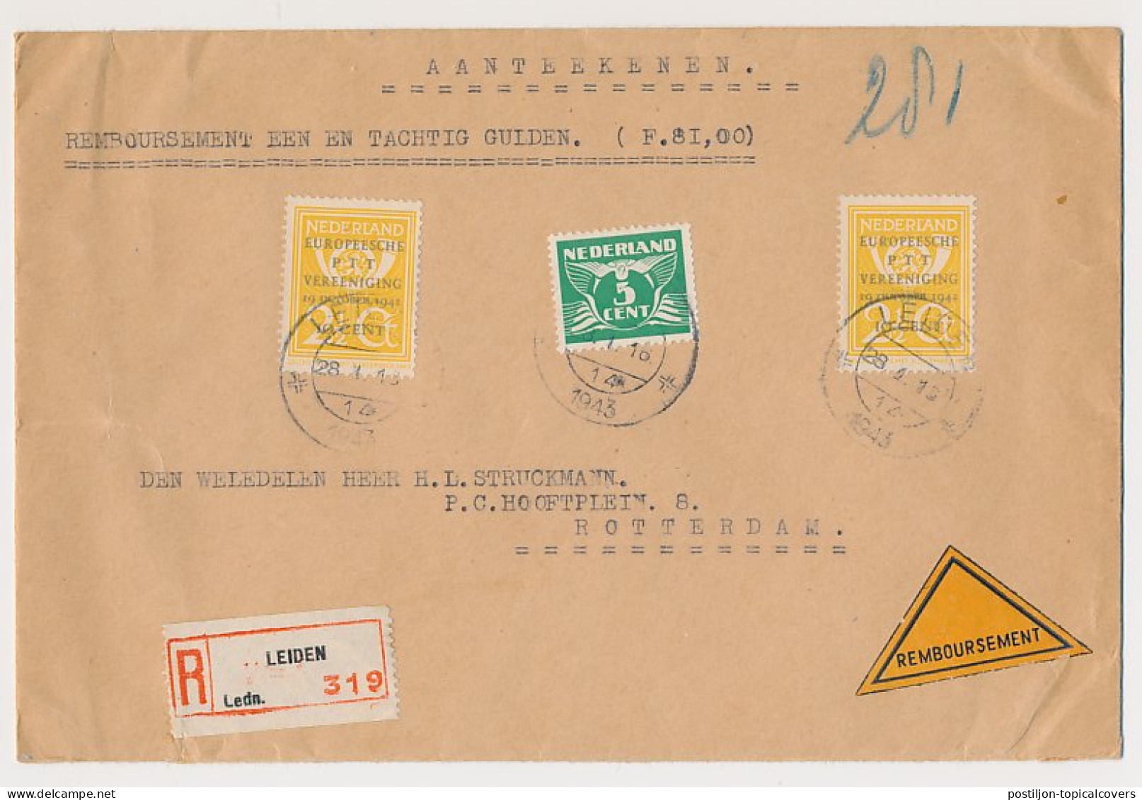 Em. Duif Aangetekend / Remboursement Leiden - Rotterdam 1943 - Non Classés