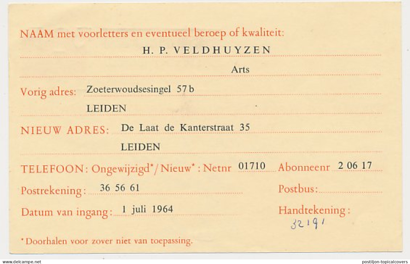 Verhuiskaart G. 30 Particulier Bedrukt Leiden 1964 - Postwaardestukken