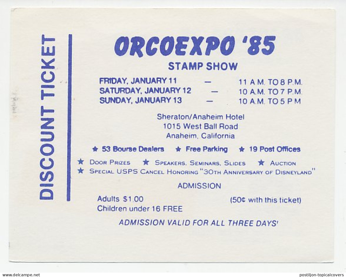 Discount Card / Titcket USA 1985 Disneyland - ORCOEXPO Stamp Show  - Disney