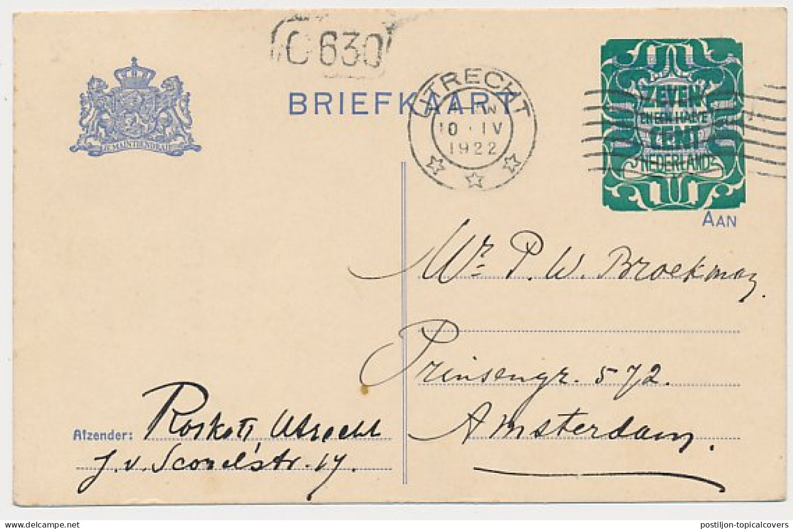 Briefkaart G. 162 I Utrecht - Amsterdam 1922 - Postal Stationery