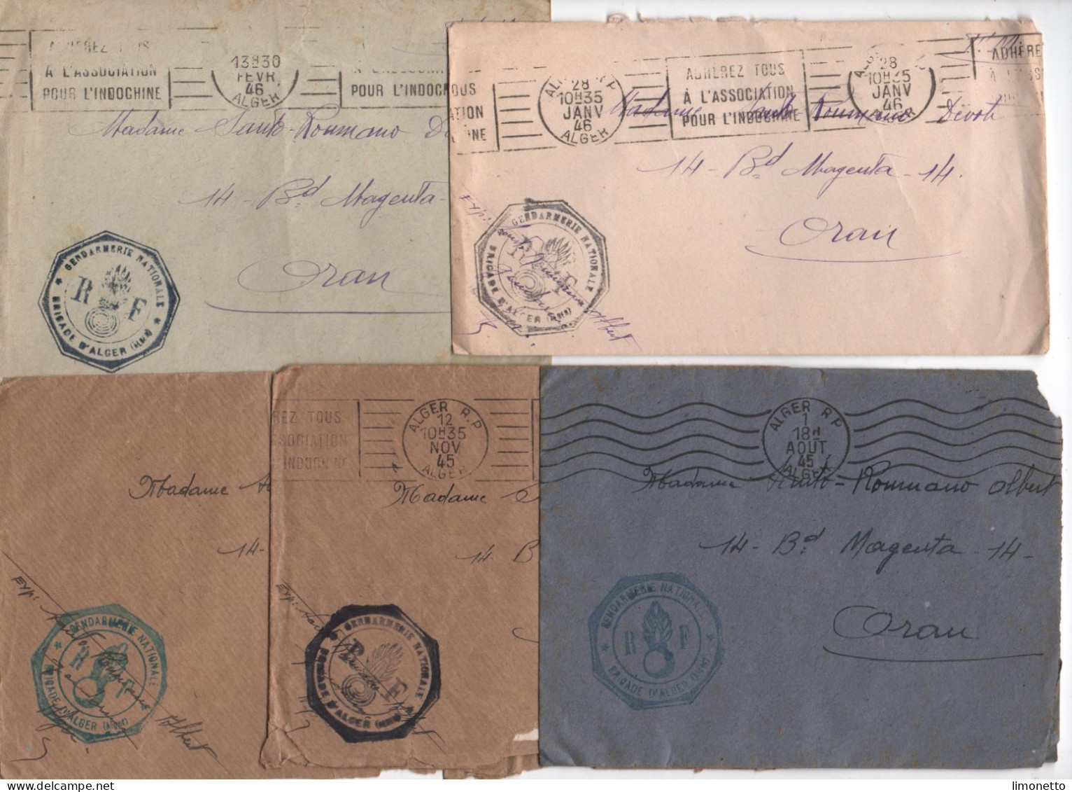 ALGERIE -1945/46 - Lot De 5 Enveloppes- Sans Cor.-Franchise Militaire ( Gendarmerie - Brigade D' Alger ) Pour Oran - - Covers & Documents