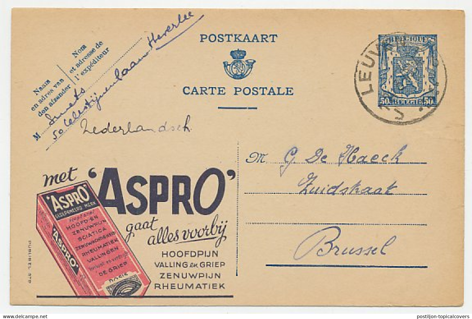 Publibel - Postal Stationery Belgium 1944 Medicine - Aspro - Pharmacie