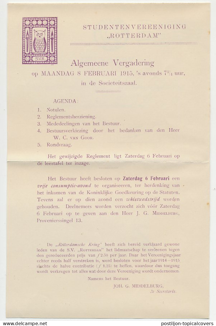Drukwerk ( Zie Inhoud ) Rotterdam 1915 Studentenvereniging / Uil - Non Classificati