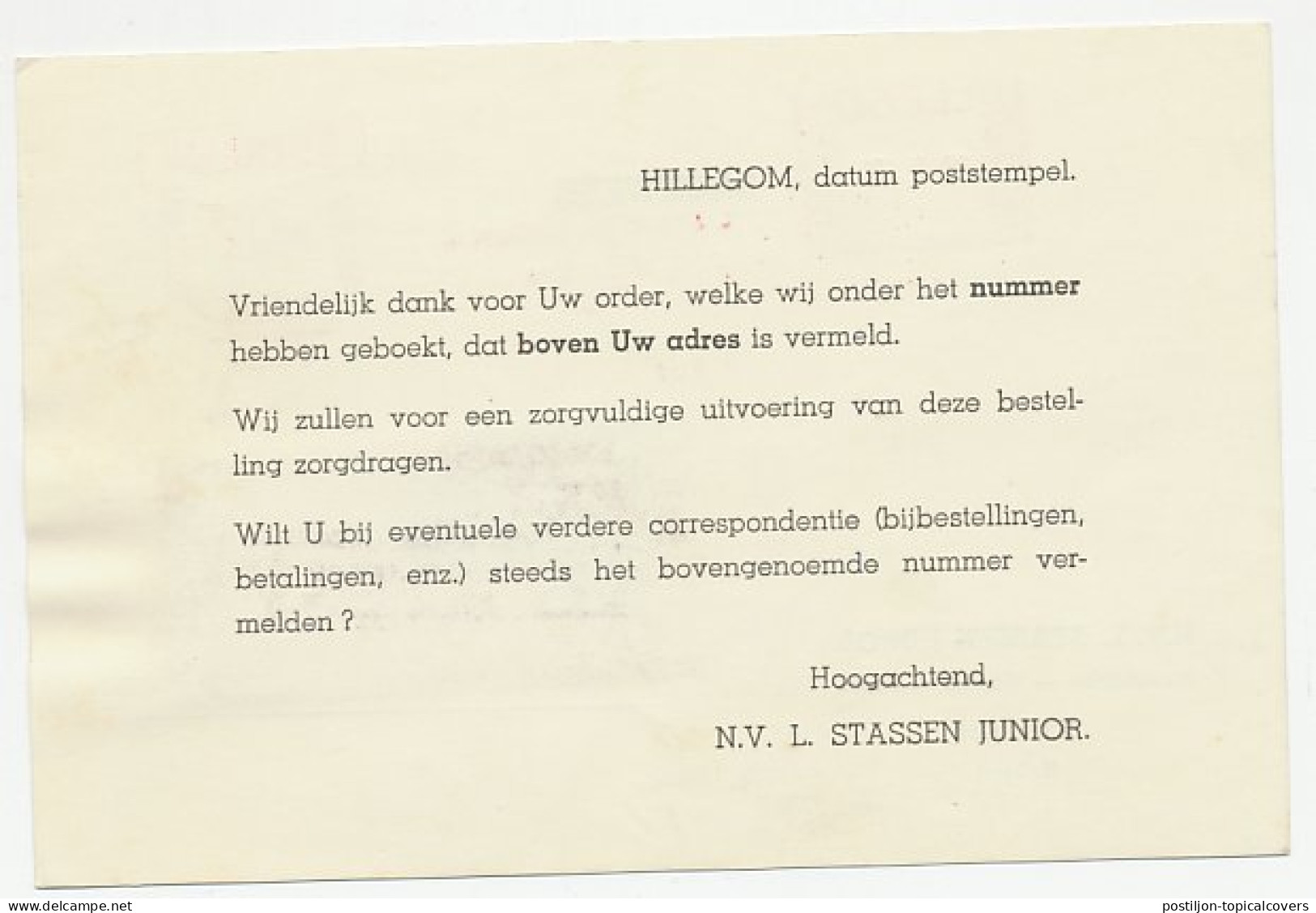 Firma Briefkaart Hillegom 1954 - Bloembollen - Non Classés