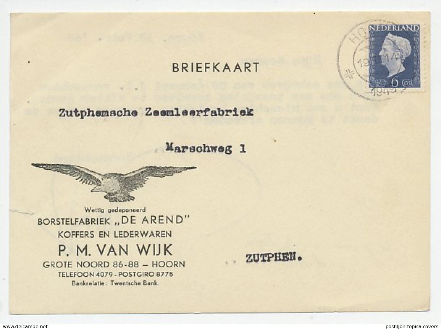 Firma Briefkaart Hoorn 1949 - Borstelfabriek / De Arend - Non Classés