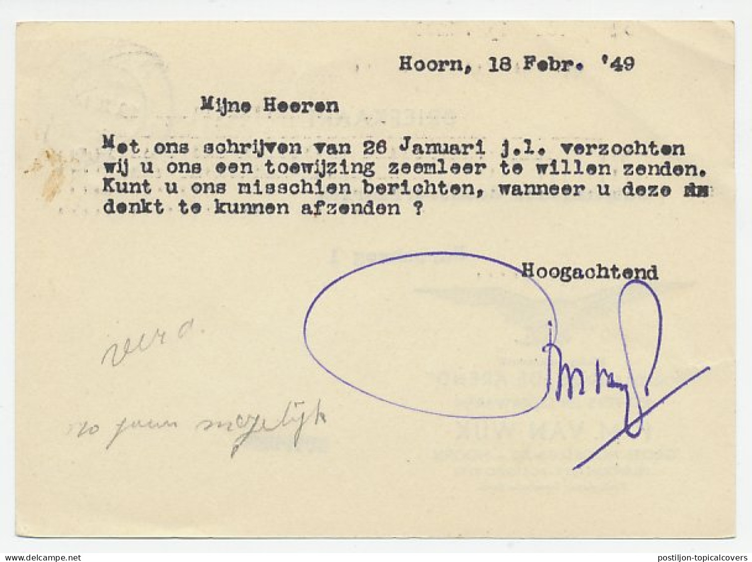 Firma Briefkaart Hoorn 1949 - Borstelfabriek / De Arend - Unclassified