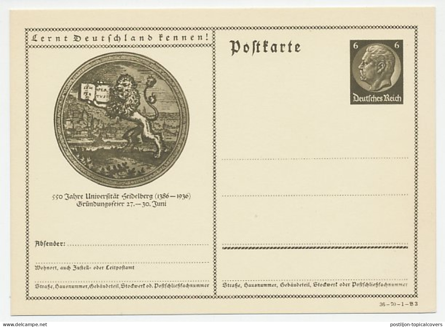 Postal Stationery Germany 1936 Lion - 550 Years University Heidelberg - Semper Apertus  - Sonstige & Ohne Zuordnung