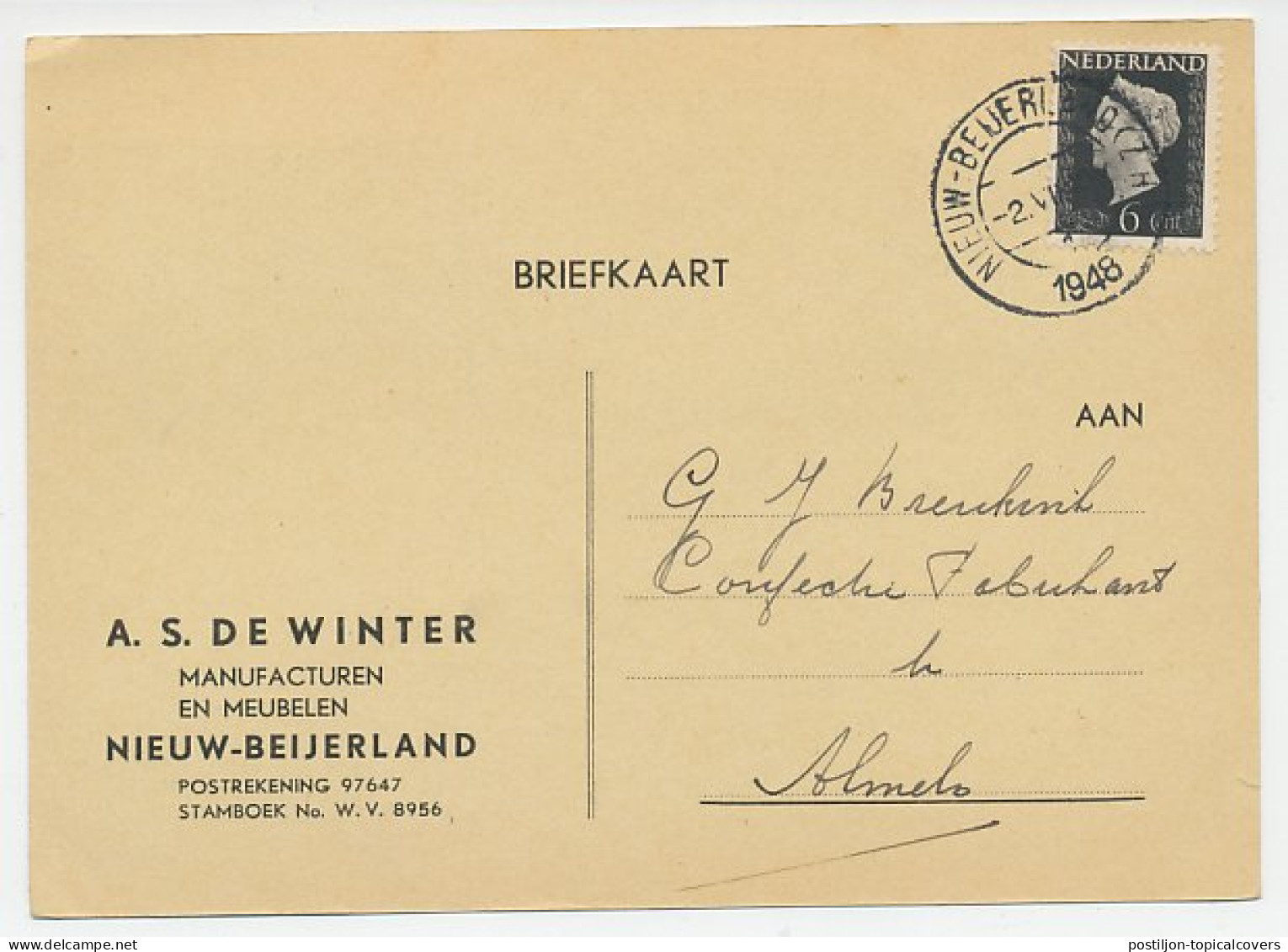 Firma Briefkaart Nieuw - Beijerland 1948 - Manufacturen/ Meubels - Non Classés