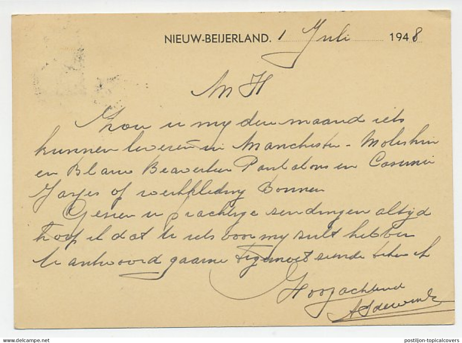 Firma Briefkaart Nieuw - Beijerland 1948 - Manufacturen/ Meubels - Non Classificati