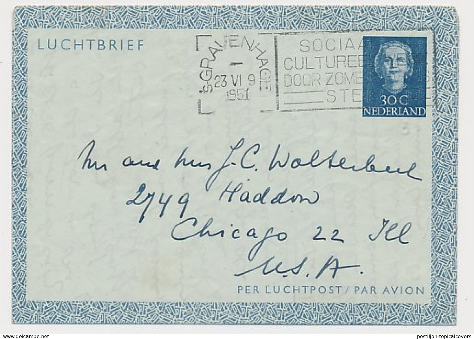 Luchtpostblad G. 3 S Gravenhage - Chicago USA 1951 - Interi Postali