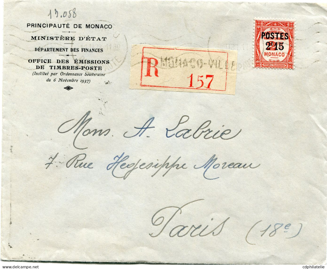 MONACO LETTRE RECOMMANDEE DEPART MONACO ?-12-37 PRINCIPAUTE POUR LA FRANCE - Covers & Documents