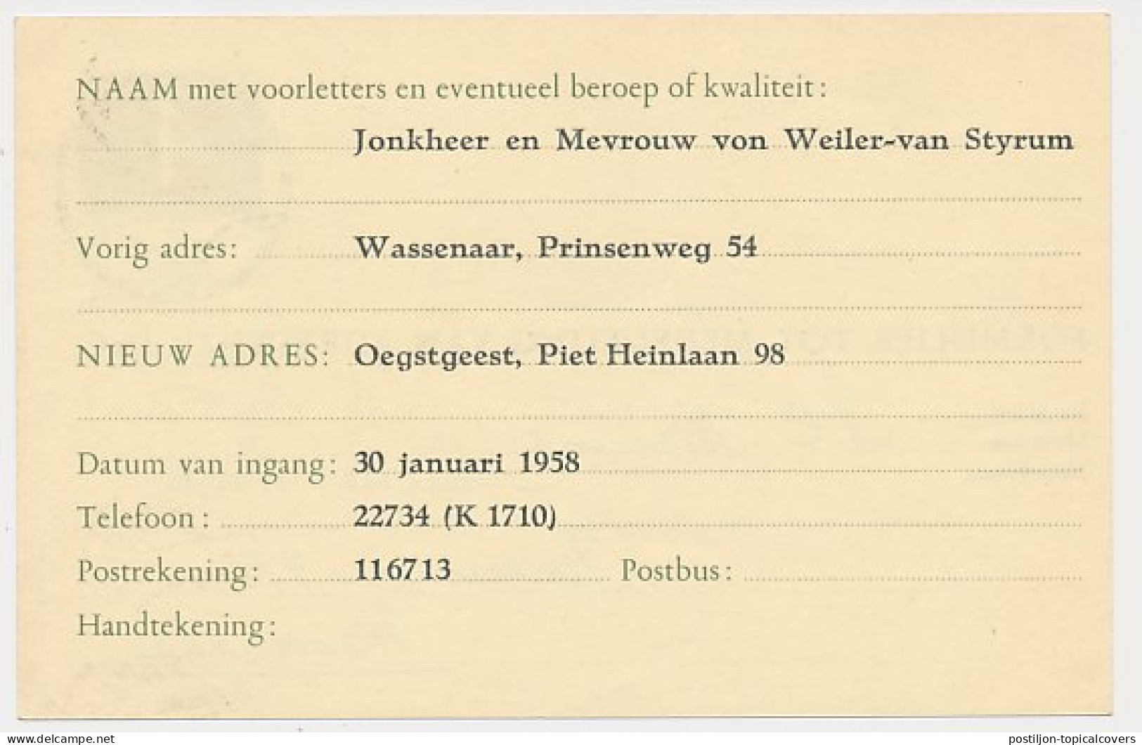 Verhuiskaart G. 26 Particulier Bedrukt Wassenaar 1958 - Entiers Postaux