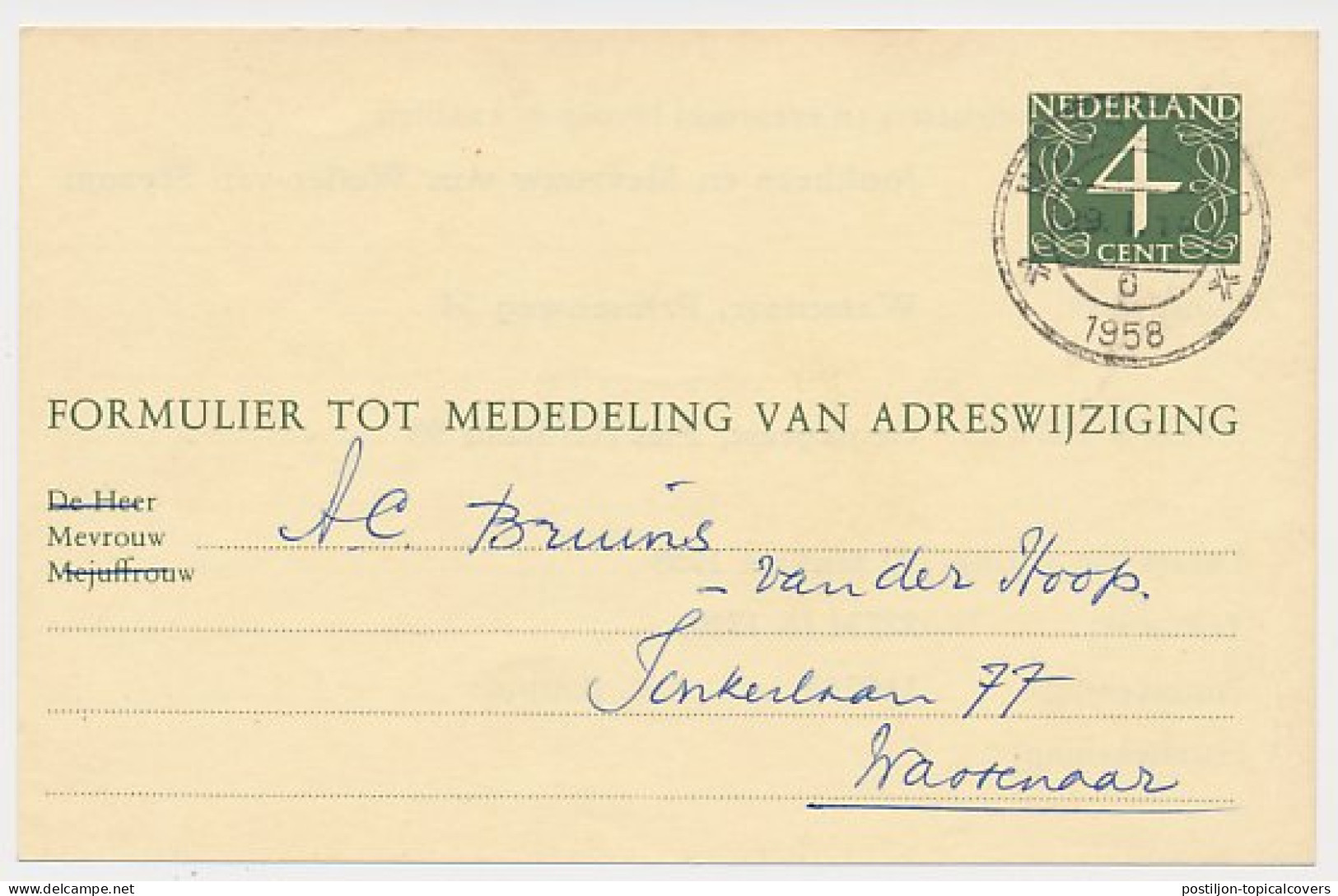 Verhuiskaart G. 26 Particulier Bedrukt Wassenaar 1958 - Postal Stationery