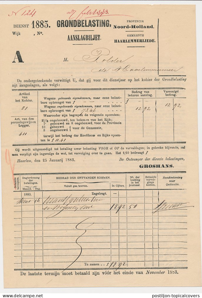 Aanslagbiljet Haarlemmerliede - Haarlemmermeerpolder 1883 - Fiscale Zegels