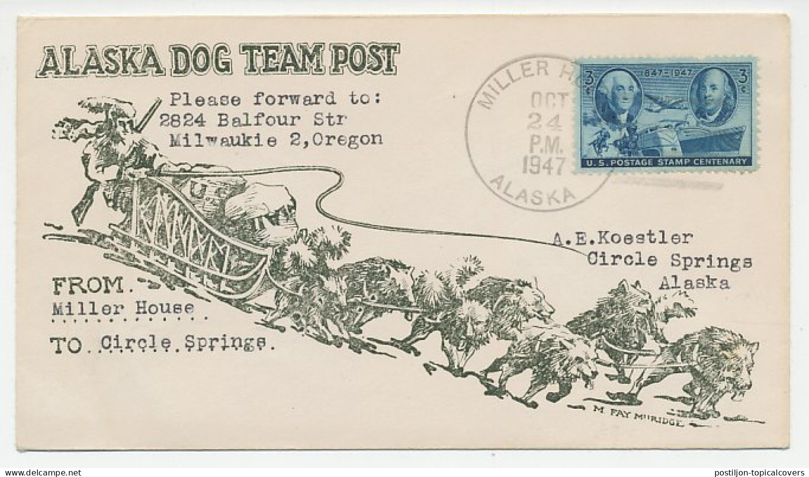 Cover / Postmark USA 1947 Alaska Dog Team Post - Miller House - Expediciones árticas
