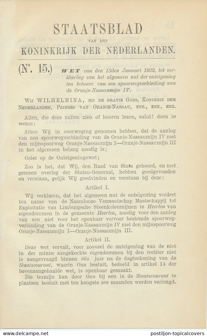Staatsblad 1922 : Spoorlijn Oranje Nassaumijn IV - Documents Historiques
