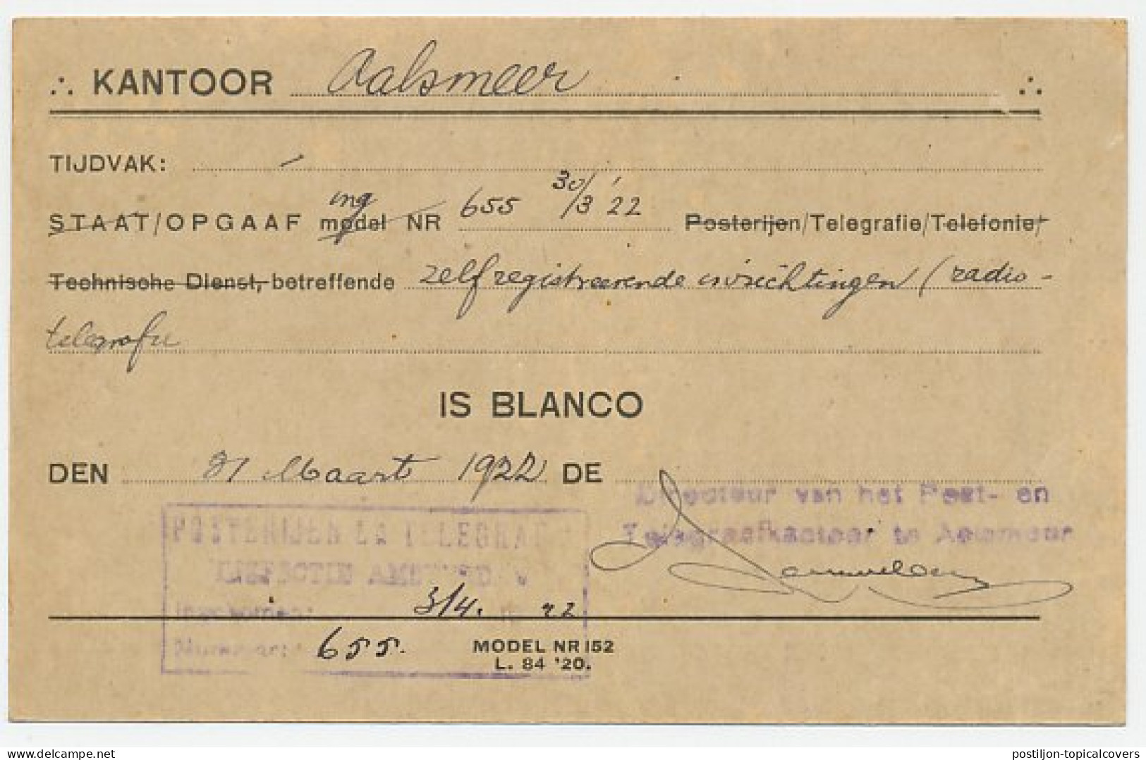 Dienst PTT Aalsmeer - Amsterdam 1922 - Non Classés