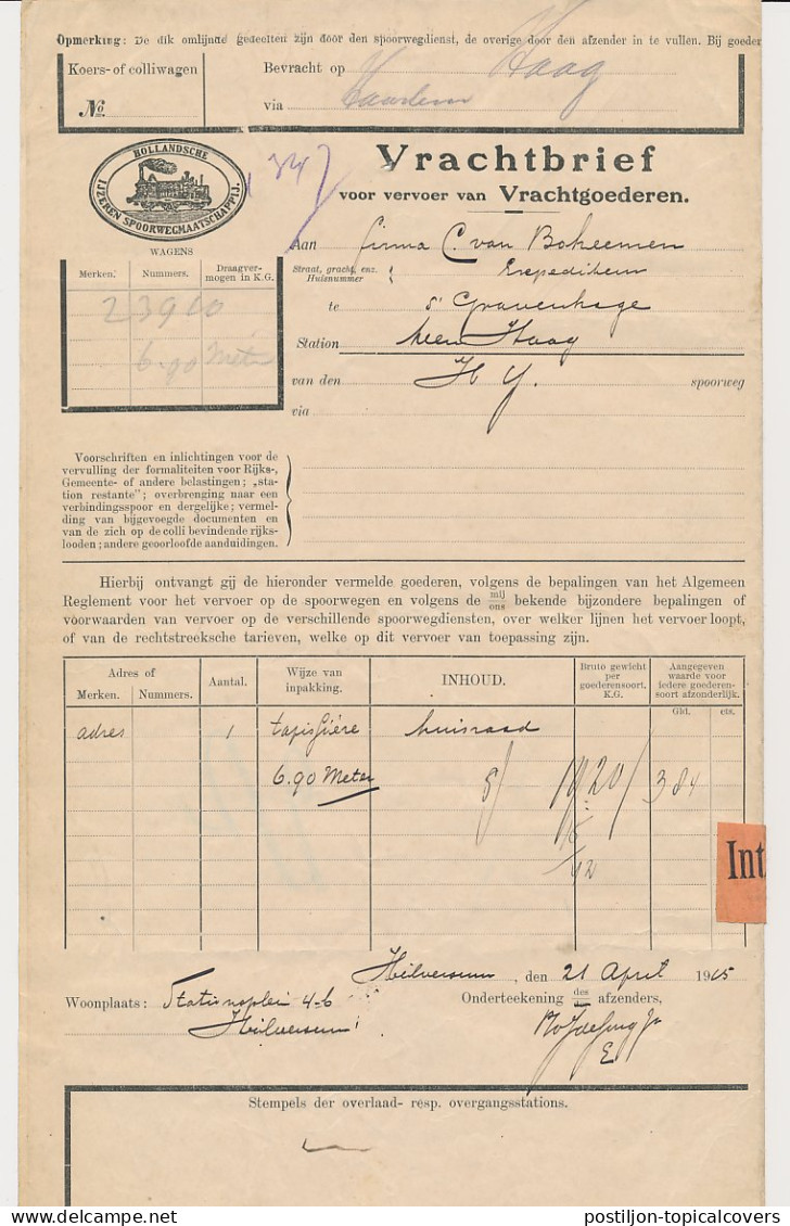 Vrachtbrief H.IJ.S.M. Hilversum - Den Haag 1915 - Etiket - Unclassified