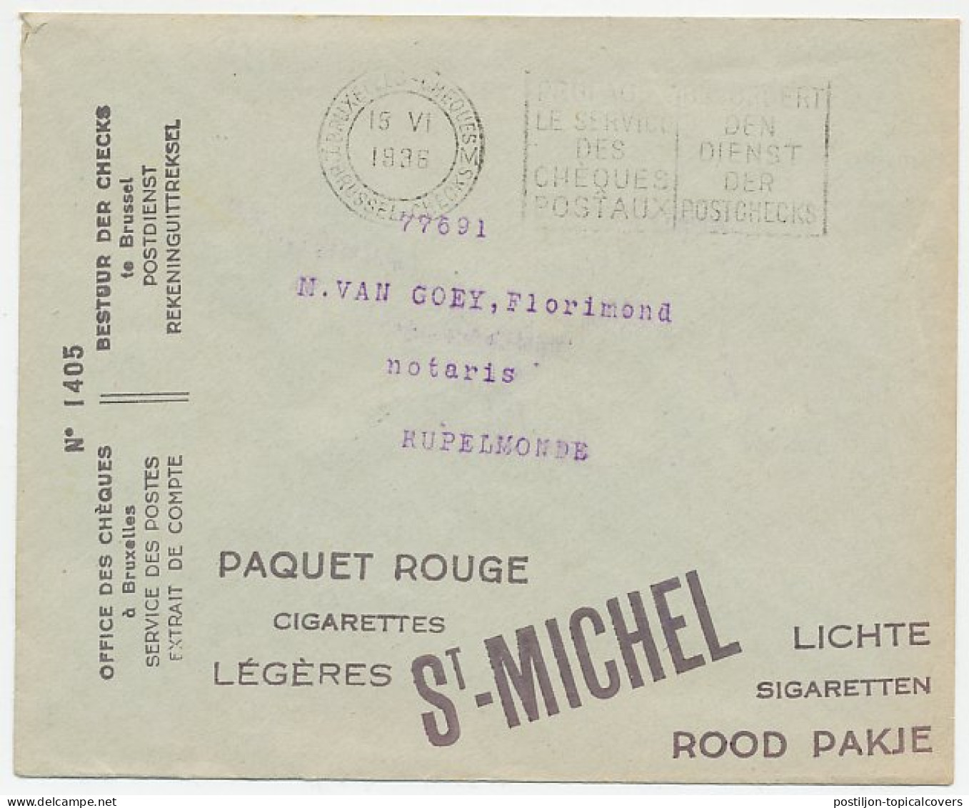 Postal Cheque Cover Belgium 1936 Cigarette - St. Michel - Roofing Contractor - Tabaco