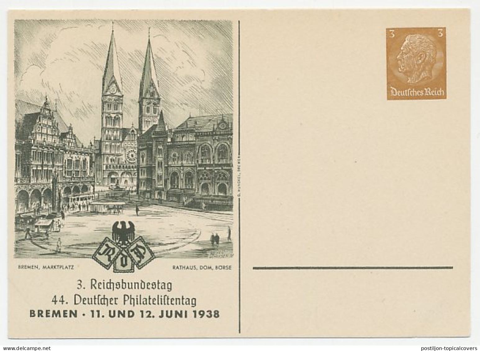 Postal Stationery Germany 1938 Philatelic Day Bremen - Town Hall - Cathedral - Market - Churches & Cathedrals