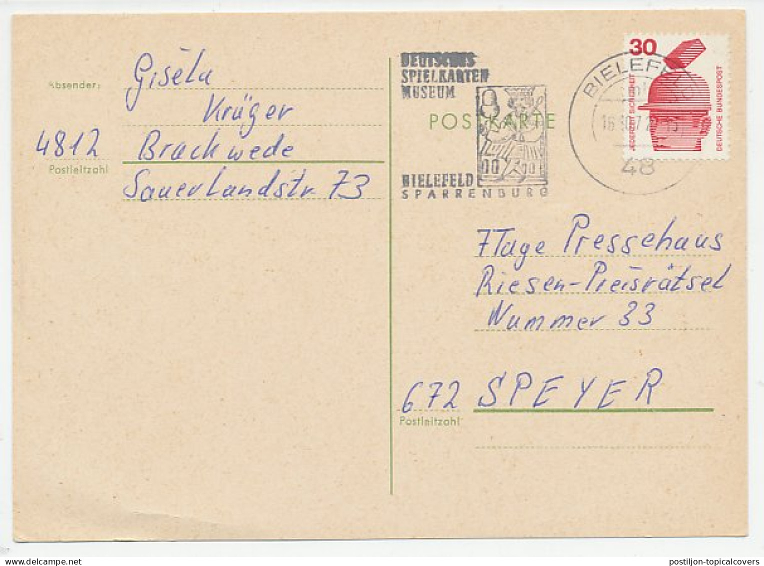 Postcard / Postmark Germany 1972 Playing Cards Museum Bielefeld - Zonder Classificatie