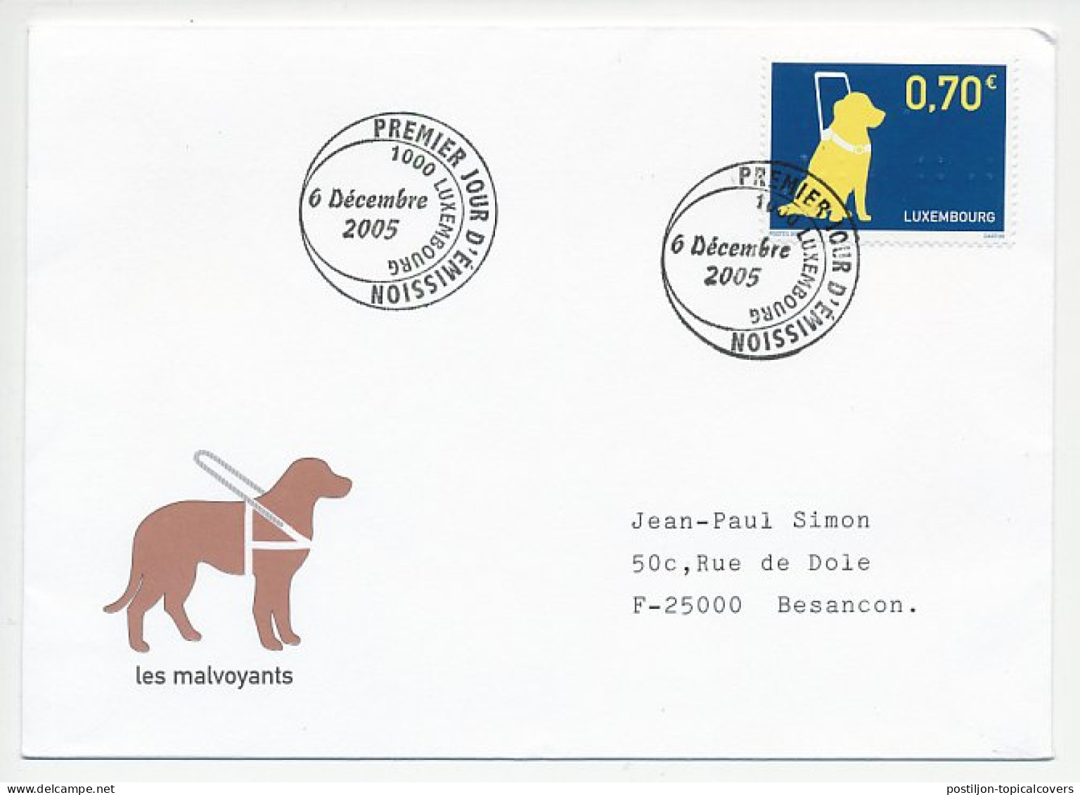 Cover / Postmark Luxembourg 2005 Guide Dog - Blind - Handicap