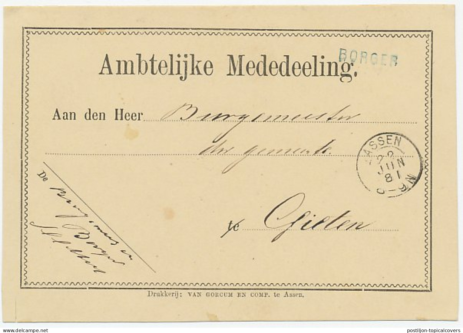 Naamstempel Borger 1881 - Brieven En Documenten