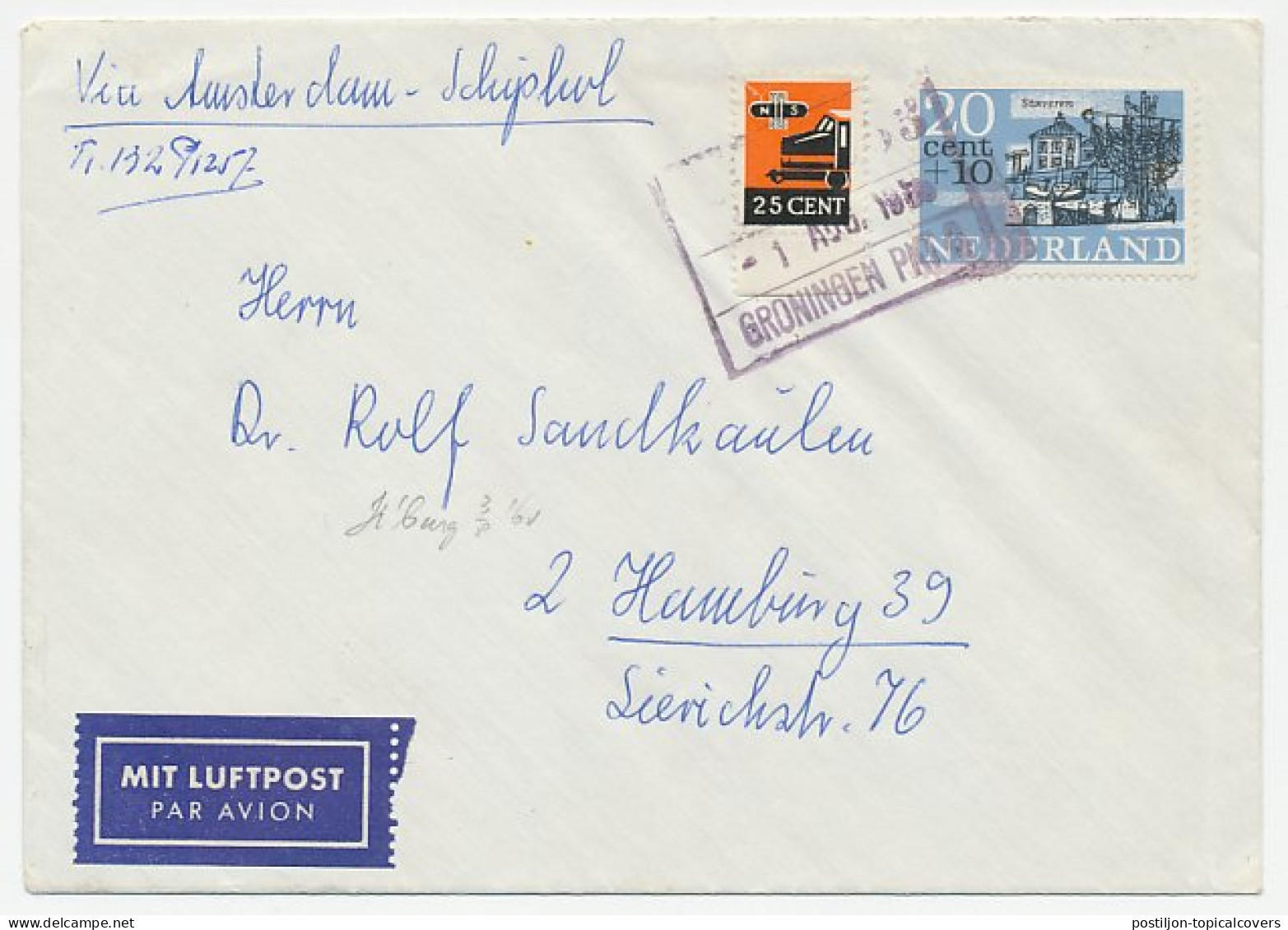 Treinbrief Groningen - Schiphol - Duitsland 1965 - Per Luchtpost - Zonder Classificatie