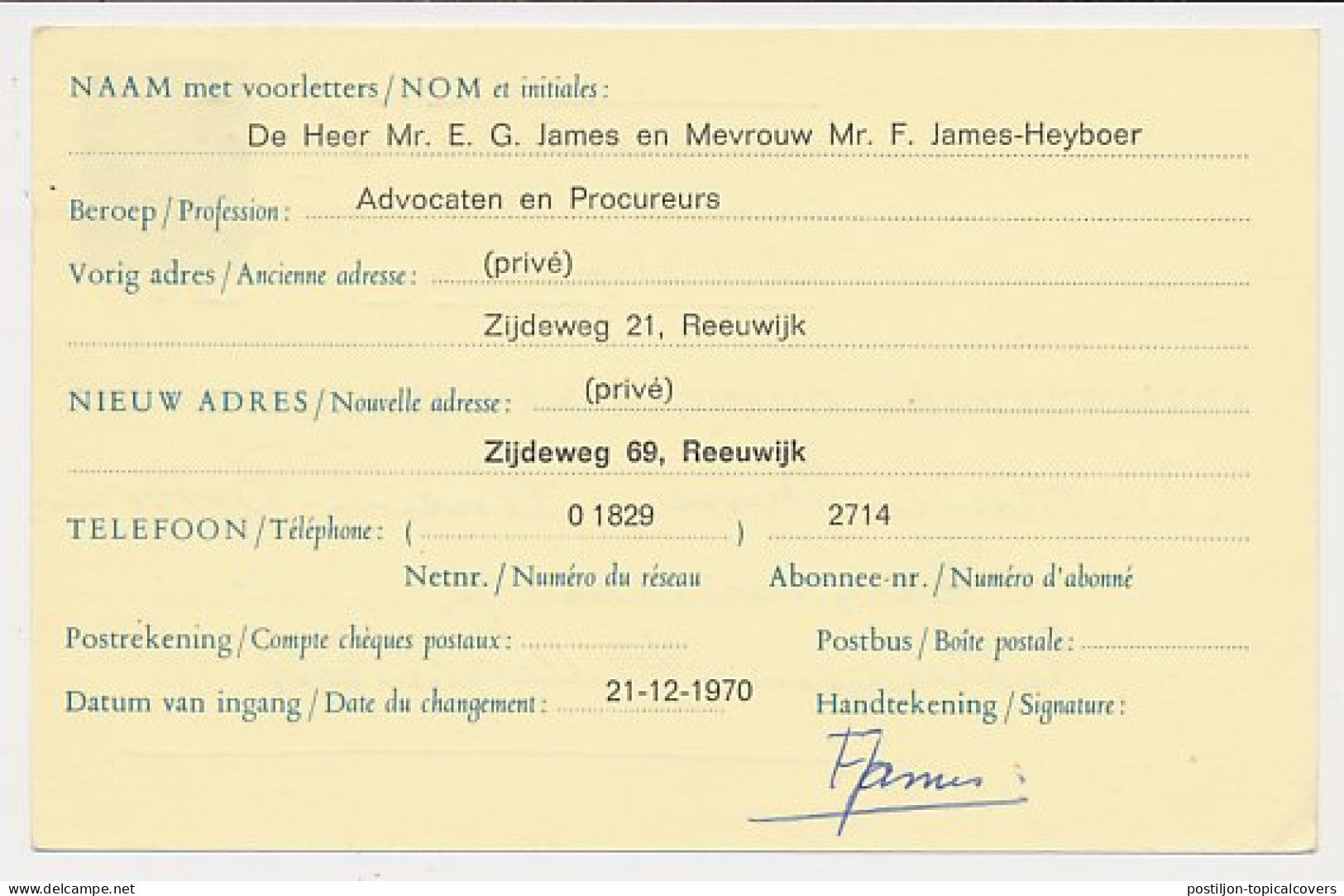 Verhuiskaart G. 35 Particulier Bedrukt Reeuwijk 1970 - Entiers Postaux