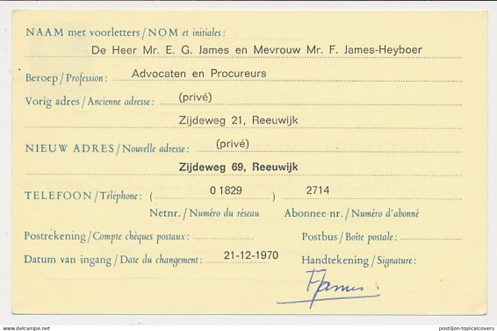 Verhuiskaart G. 35 Particulier Bedrukt Reeuwijk 1970 - Interi Postali