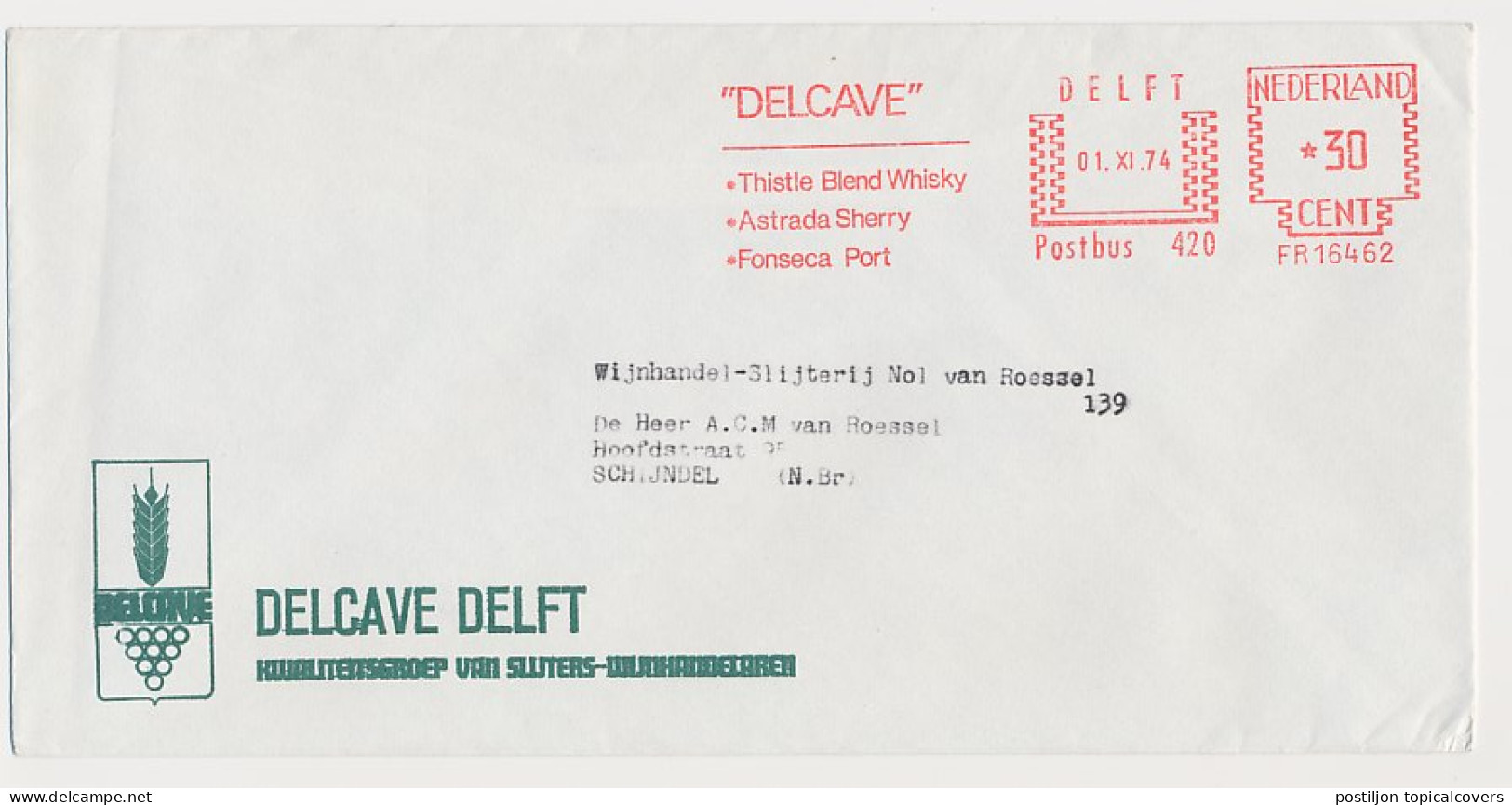 Meter Cover Netherlands 1974 Alcohol - Delcave - Whisky - Sherry - Port - Vins & Alcools