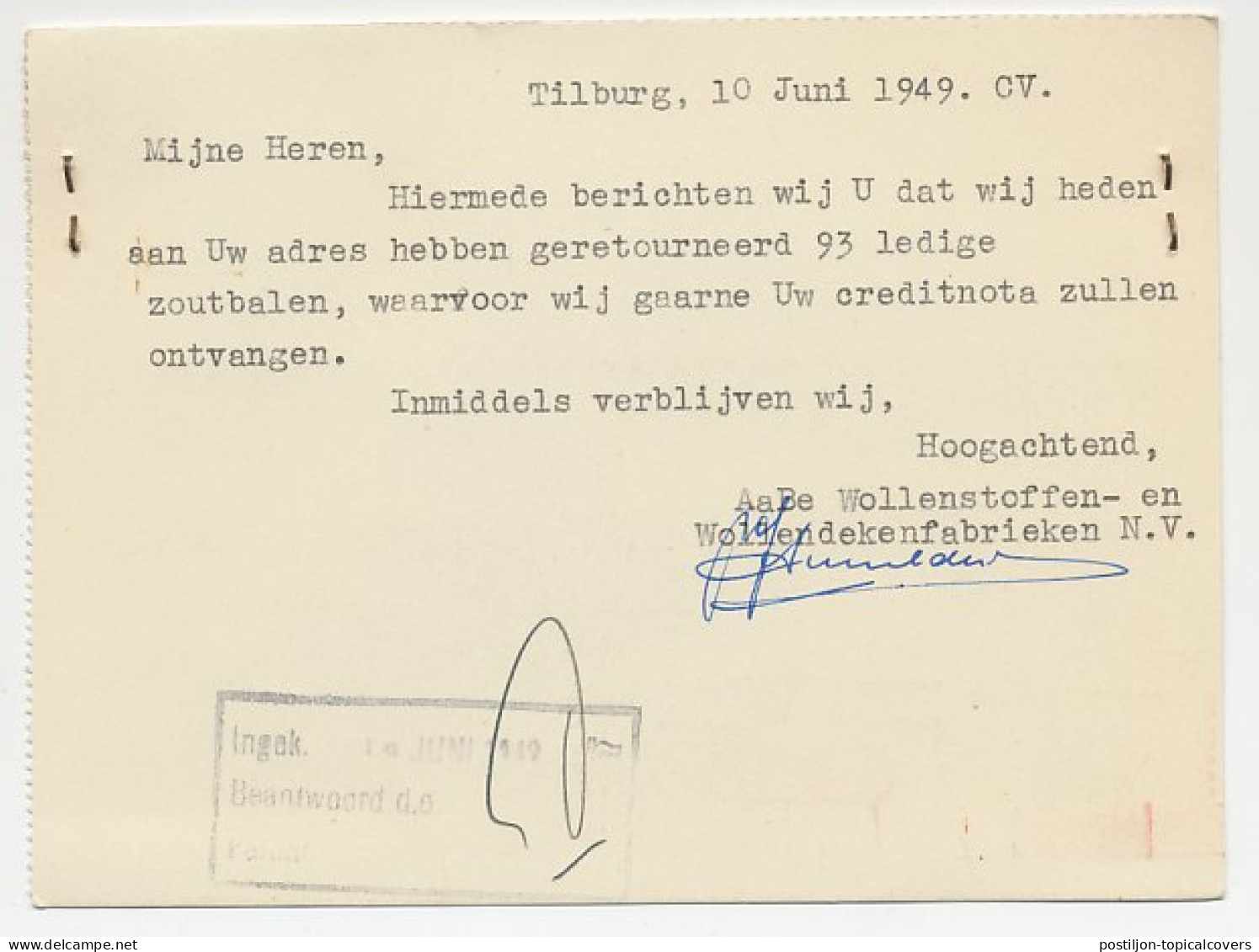 Firma Briefkaart Tilburg 1949 - AaBe / Wol / Dekenfabriek - Unclassified