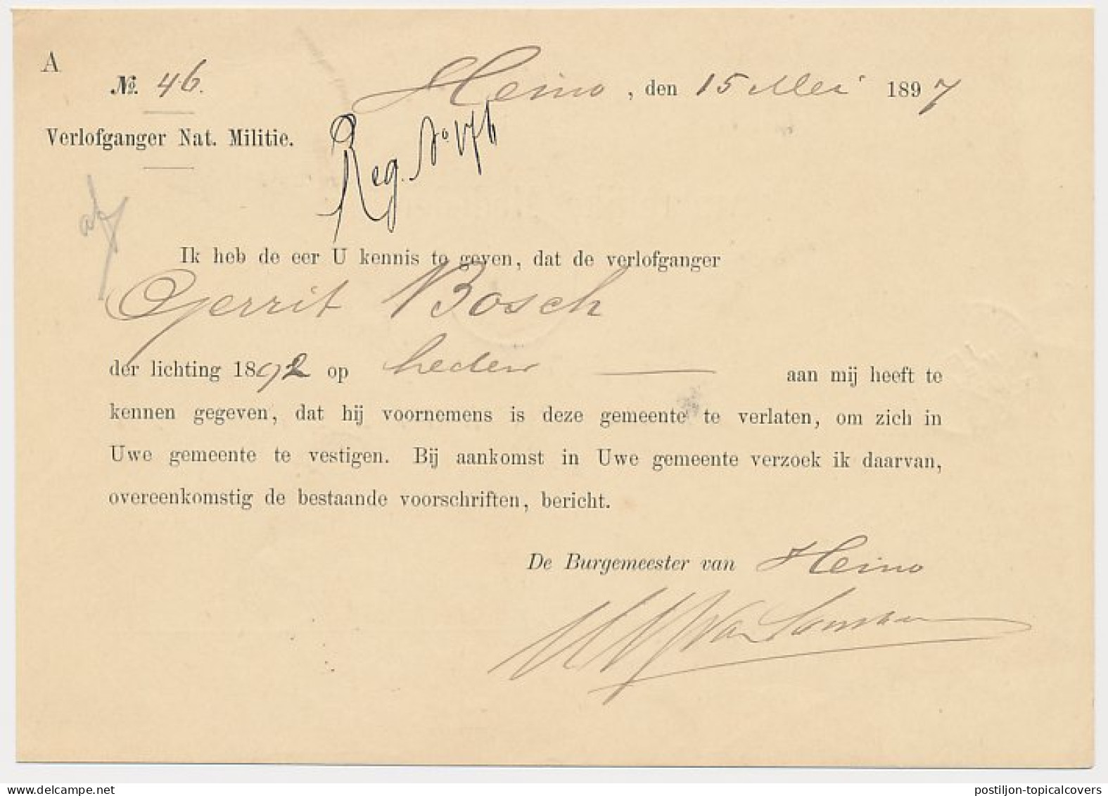 Kleinrondstempel Heinoo - Windesheim - Zwollerkerspel 1897 - Non Classés