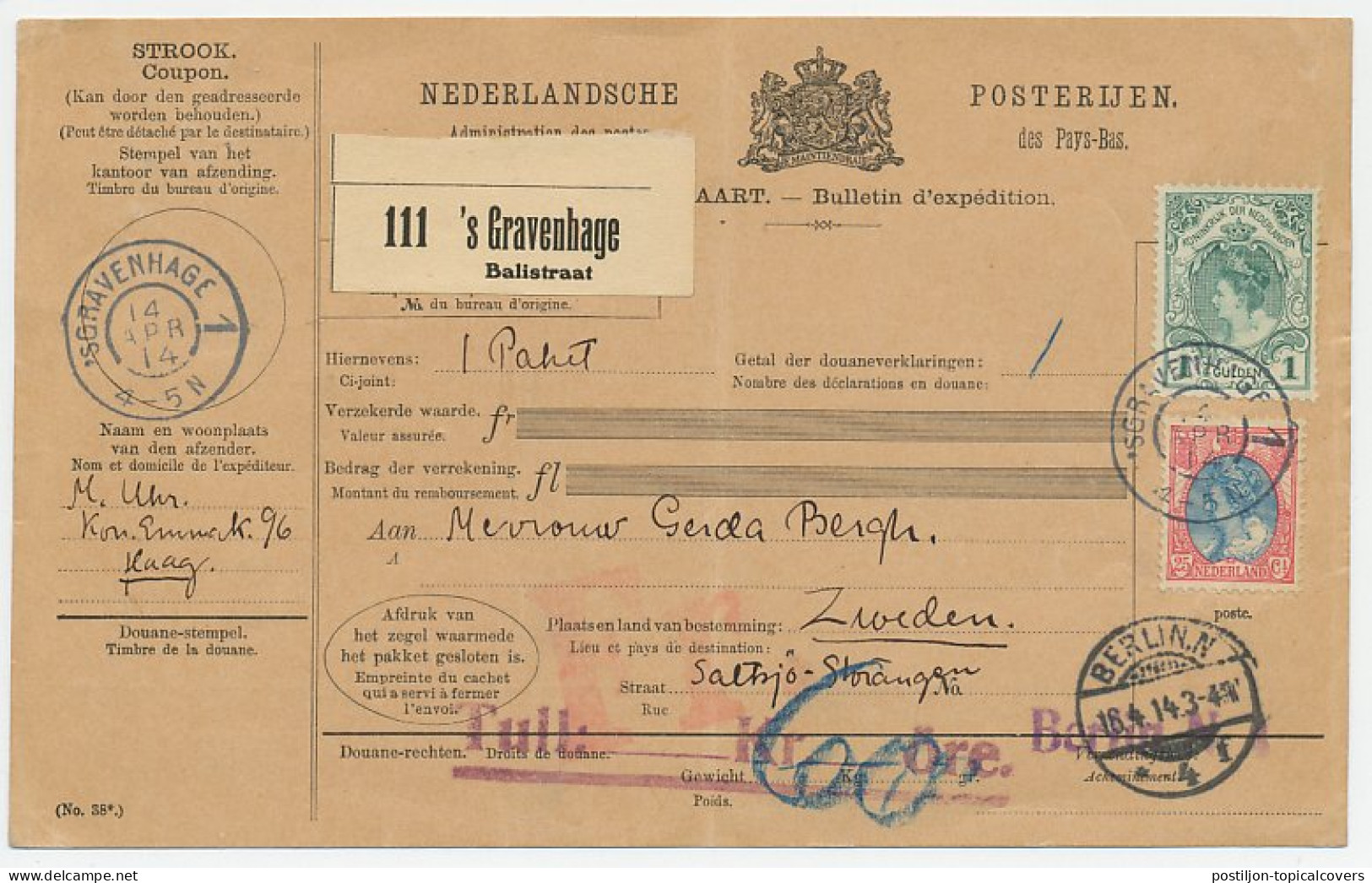 Em. Bontkraag Pakketkaart Den Haag - Zweden 1914 - Unclassified
