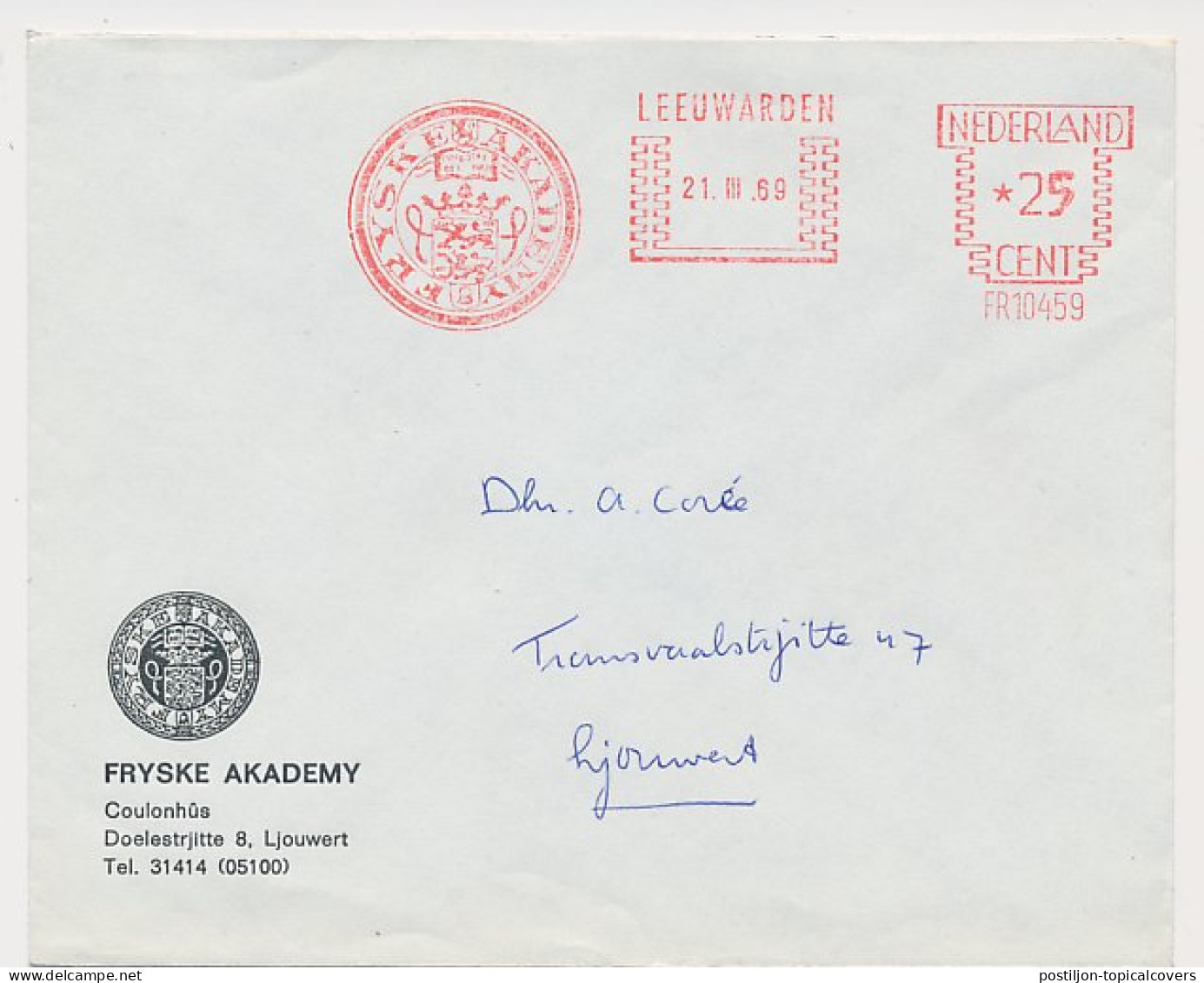 Meter Cover Netherlands 1969 Frisian Academy - Dialect - Leeuwarden - Andere & Zonder Classificatie