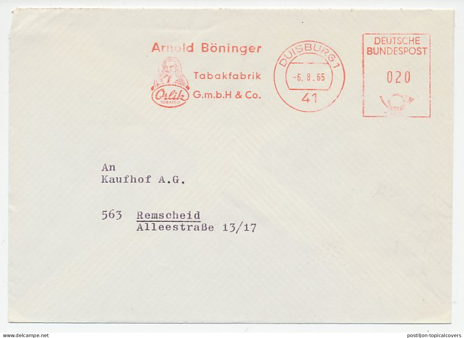 Meter Cover Germany 1965 Tobacco - Orlik - Tabak