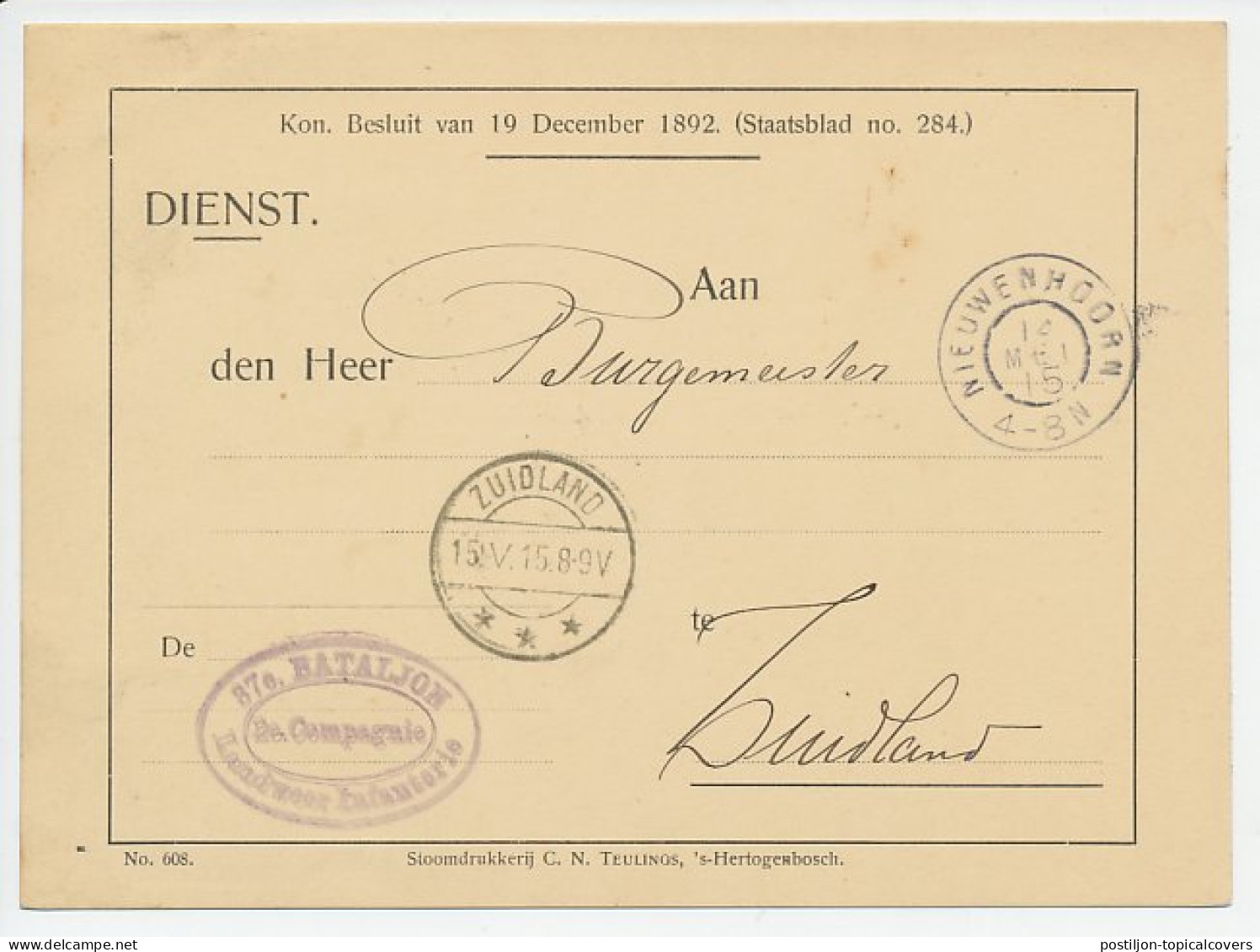 Dienst Nieuwenhoorn - Zuidland 1915 - Landweer Infanterie - Sin Clasificación