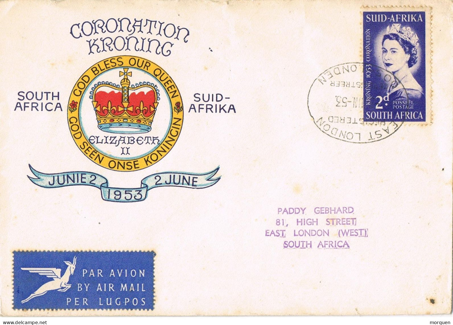 55097. Carta Aerea EAST LONDON (South Africa) 1953. Coronation Queen Elisabeth II - Lettres & Documents