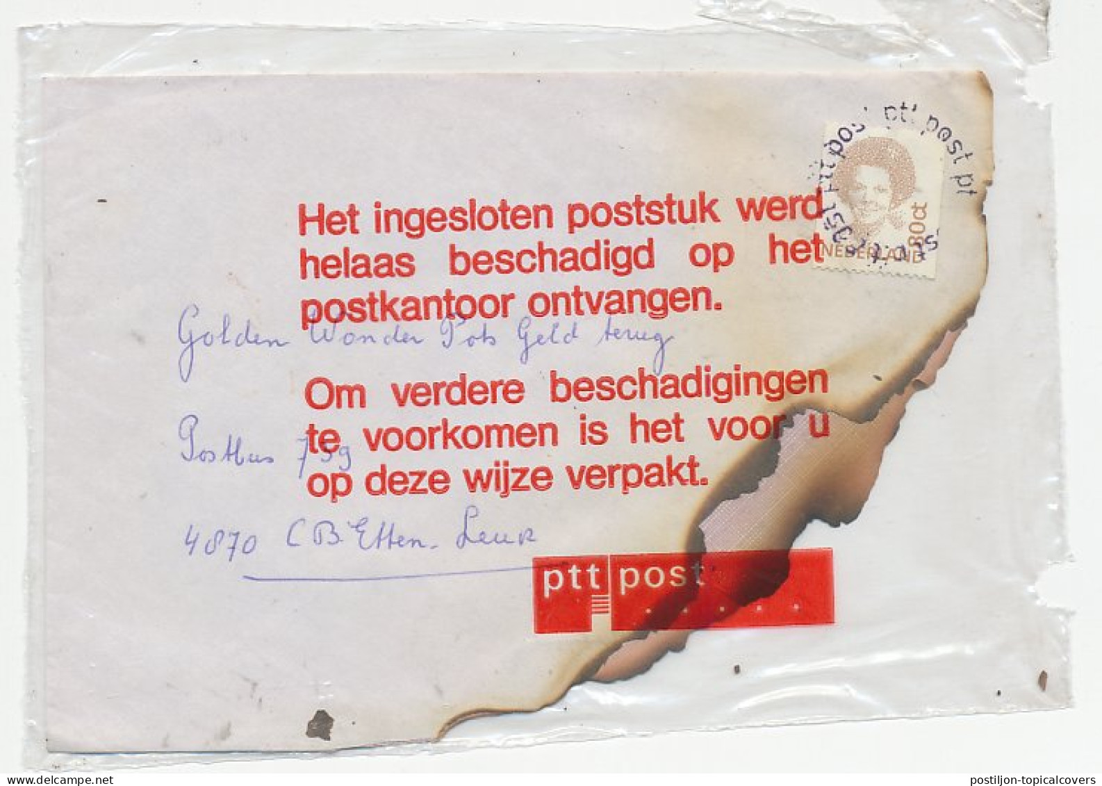 Beschadigd Door Brand Den Haag 1992 - Inclusief Verklaring PTT - Unclassified