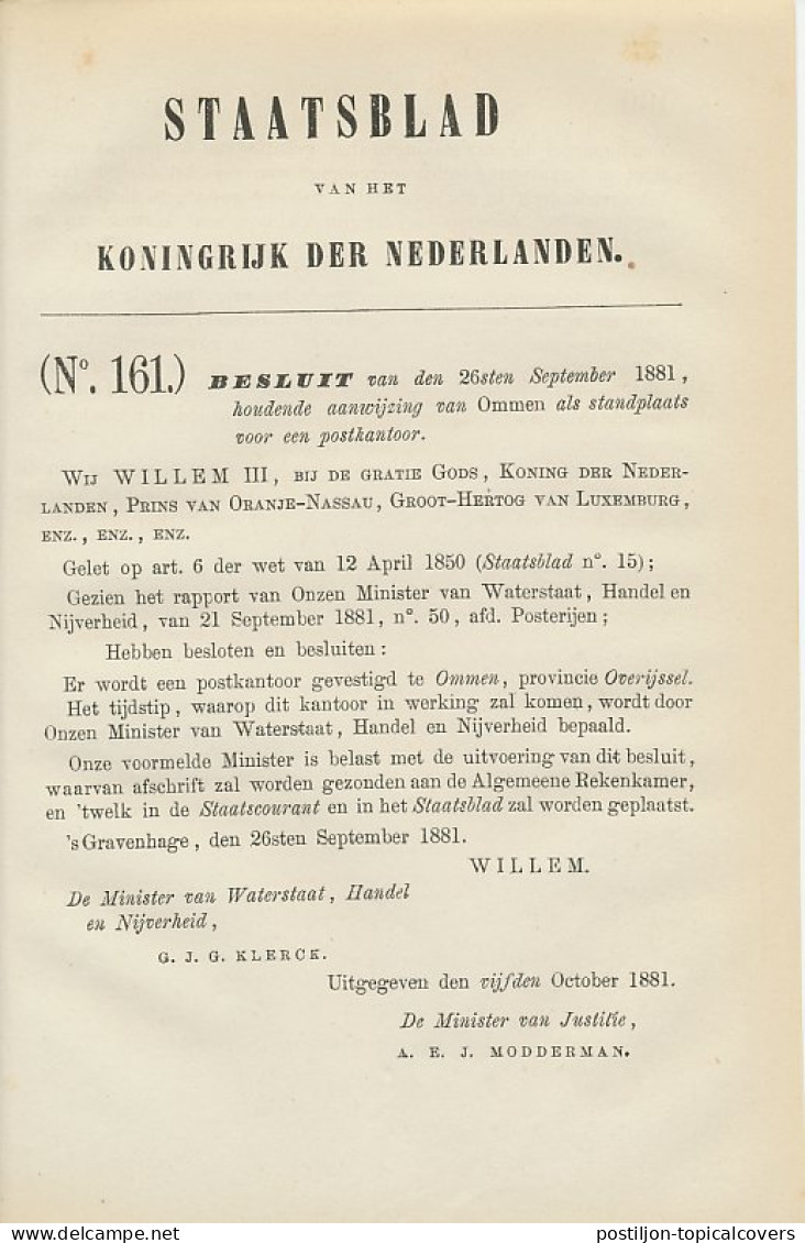 Staatsblad 1881 - Betreffende Postkantoor Ommen - Briefe U. Dokumente