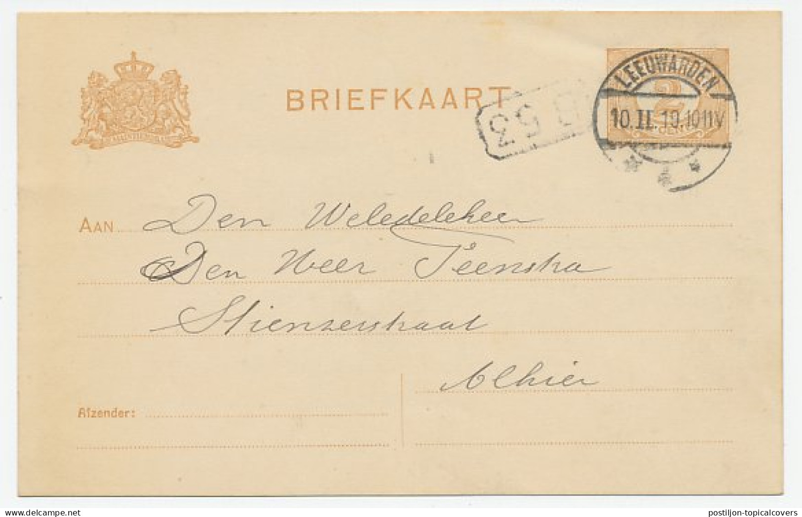 Briefkaart G. 88 A II Locaal Te Leeuwarden 1919 - Entiers Postaux