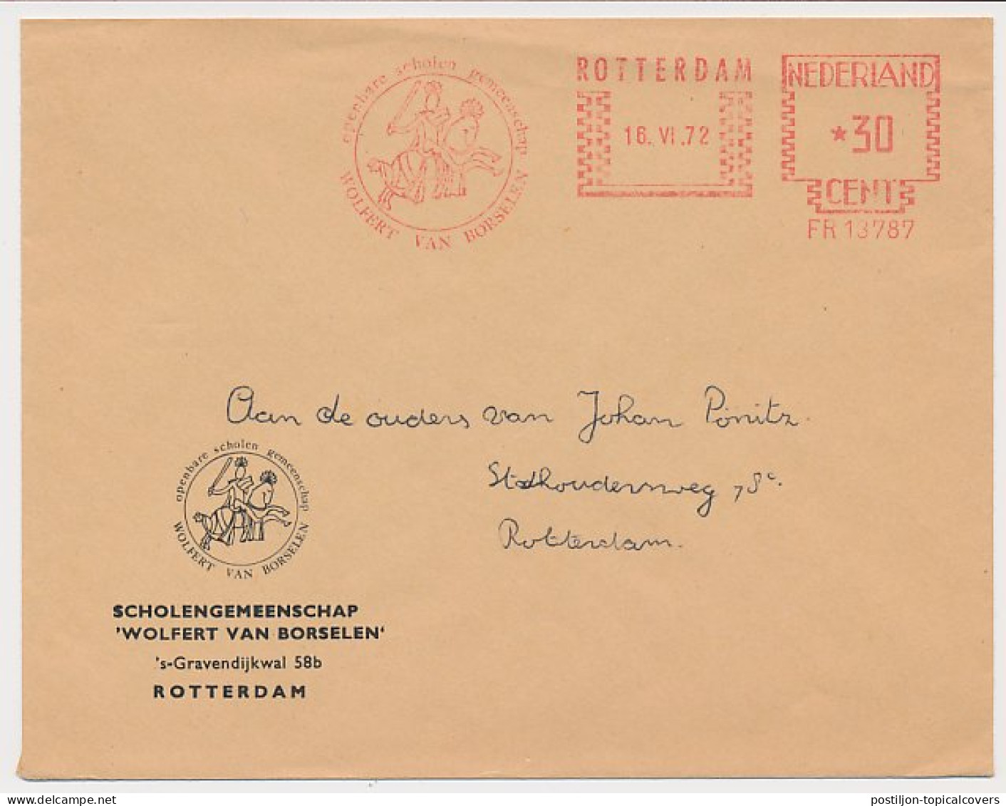 Meter Cover Netherlands 1972 Wolfert Van Borselen - Knight - Horse - Rotterdam - Sonstige & Ohne Zuordnung