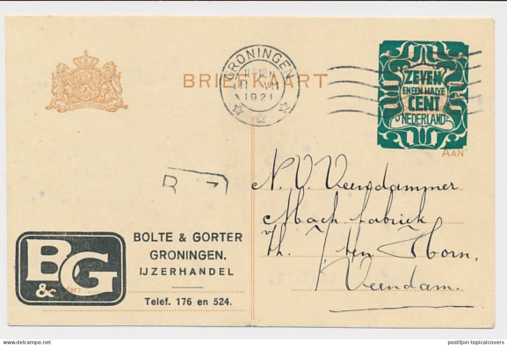 Briefkaart G. 166 Particulier Bedrukt Groningen 1921 - Entiers Postaux