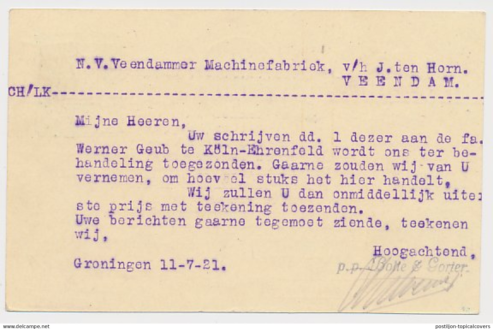 Briefkaart G. 166 Particulier Bedrukt Groningen 1921 - Postal Stationery