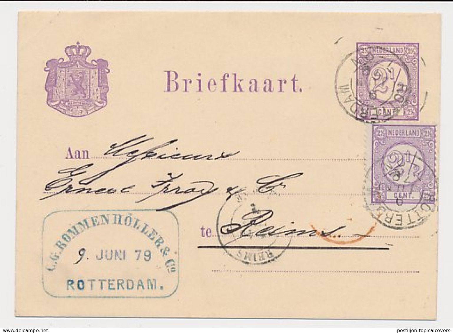 Briefkaart G. 14 / Bijfrankering Rotterdam - Duitsland 1879 - Entiers Postaux