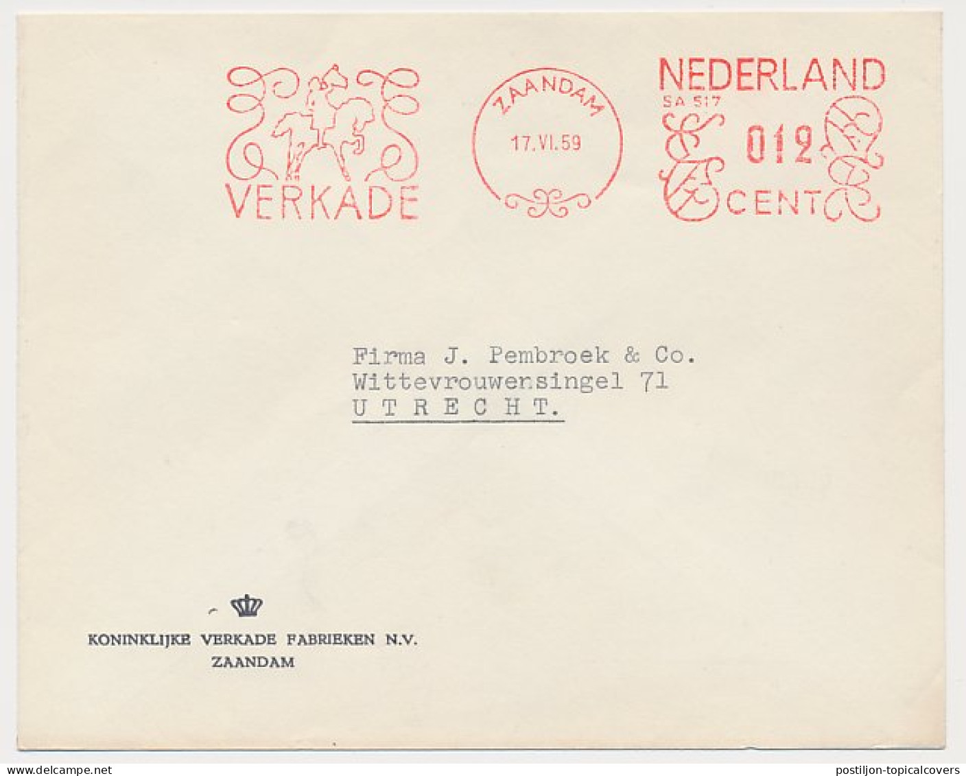 Meter Cover Netherlands 1959 - Safag 517 Horse - Herald - Verkade - Zaandam  - Horses